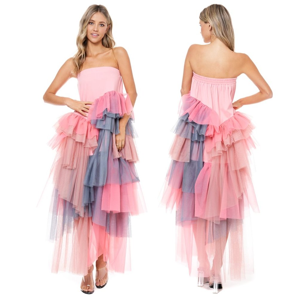 NEW Tov Holy Pink Tiered Tulle Maxi Skirt Dress S M L XL MSRP $262